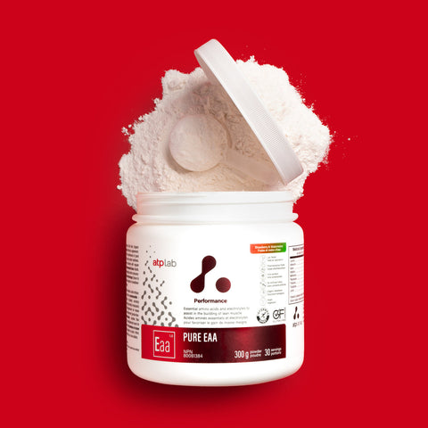Container of EAA powder Strawberry and Watermelon flavor by ATP Lab with a red background available at Healthsupp