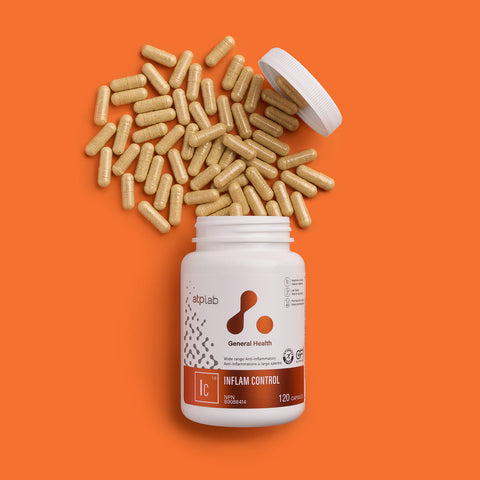 Inflam Control supplement by ATP LAB on a orange background with some pills available at Healthsupp.