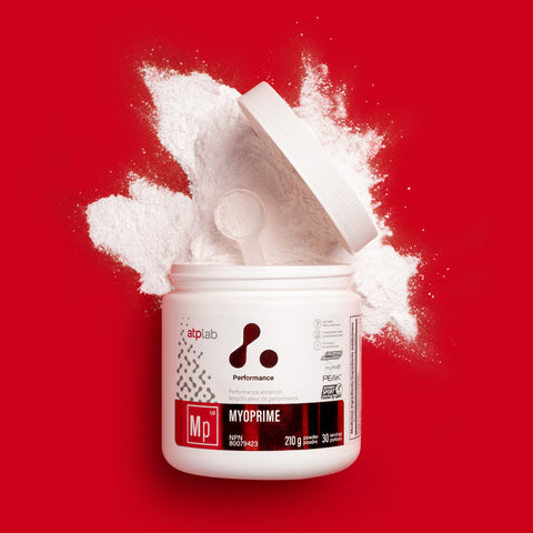 MYOPRIME supplement by ATP Lab with white powder spilling out on a red background available at Healthsupp
