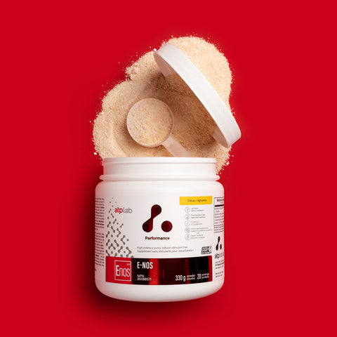 E-NOS by ATP Lab container with powder spilling out on a red background available at Healthsupp