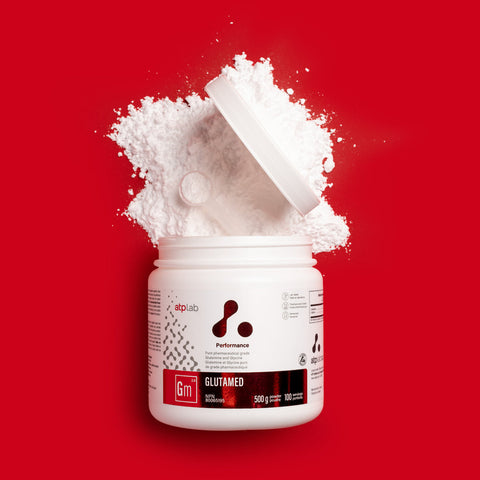 Glutamed by ATP Lab container of a supplement with a red background available at Healthsupp