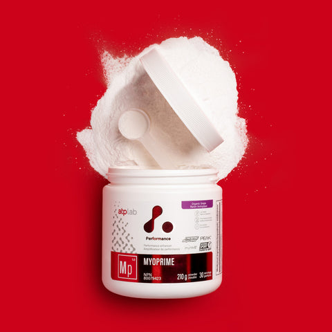 MYOPRIME organic grape supplement by ATP Lab with white powder spilling out on a red background available at Healthsupp
