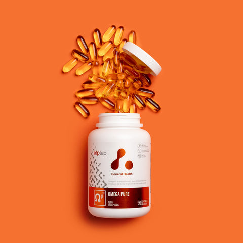 Omega Pure softgel supplement container with softgel on orange background by ATP Lab.