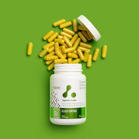 Gluco Control by ATP Lab Supplement bottle with yellow capsules on a green background available at Healthsupp