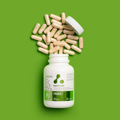 Probiotic supplement bottle by ATP Lab with capsules spilling out on a green background available at Healthsupp