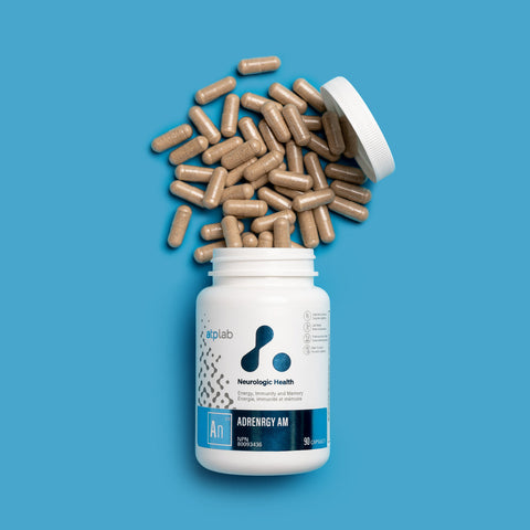 Adrenrgy AM Supplement bottle by ATP Lab with scattered capsules on a blue background available at Healthsupp