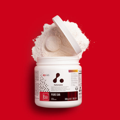 Container of EAA powder mixed berry lemonade flavor by ATP Lab with a red background available at Healthsupp