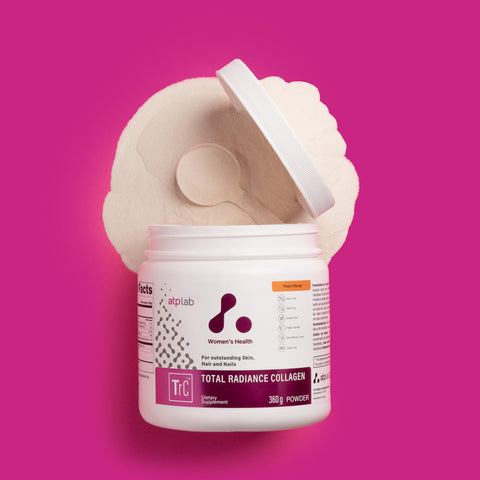 Total Radiance Collagen by ATP Labs flavor peach mango container with scoop on a pink background available at Healthsupp.