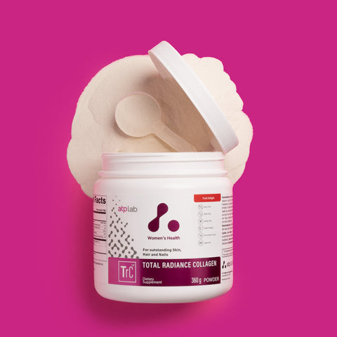 Total Radiance Collagen by ATP Labs flavor fruit delight container with scoop on a pink background available at Healthsupp.