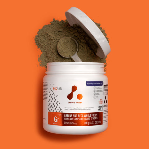 Greens and Reds whole foods supplement container blueberry acai flavor by ATP Lab. Available at Healthsupp.