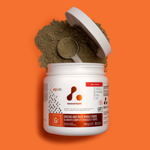 Greens and Reds whole foods supplement container berries flavor by ATP Lab. Available at Healthsupp