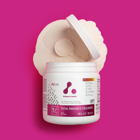 Total Radiance Collagen by ATP Labs flavor raspberry delight container with scoop on a pink background available at Healthsupp.