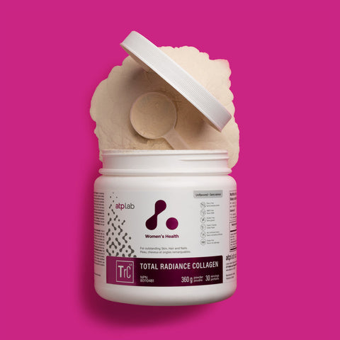 Total Radiance Collagen by ATP Labs flavor unflavored container with scoop on a pink background available at Healthsupp.