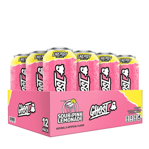 GHOST - RTD Energy Drinks, Sour Pink Lemonade Flavor, 12 Packs Ghost