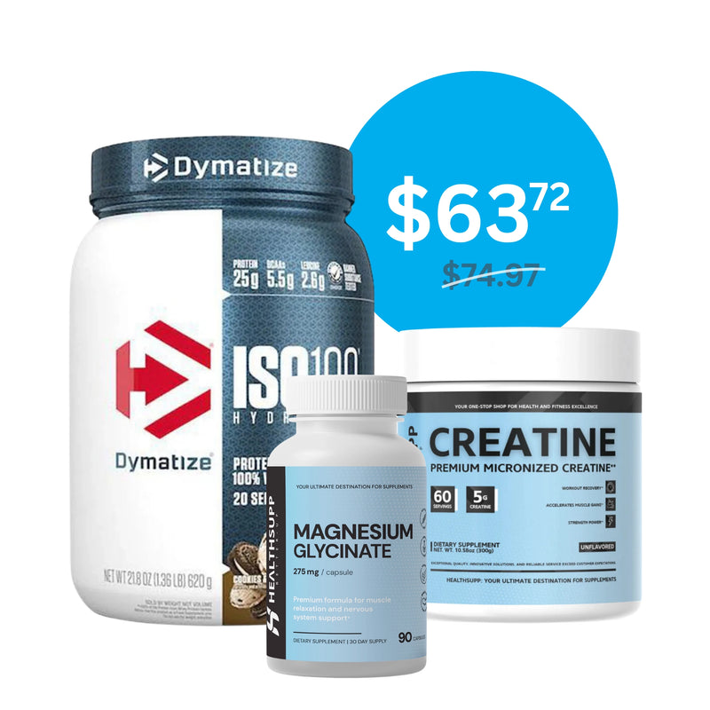 Supplement products including Dymatize and Isopure with a price tag on a white background